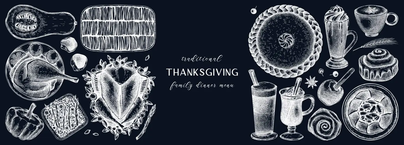 Thanksgiving food and drinks drawings on chalkboard. Vintage turkey, vegetables, pies, and hot drinks sketches. Vector autumn food template. Thanksgiving background in engraved style Illustration